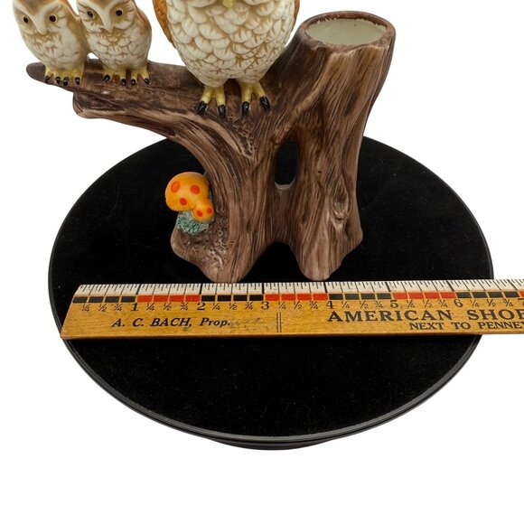 Vtg 70s Ardco Owl Family Bisque Porcelain Planter Bud Vase Tree Stump Mushroom - Picture 12 of 14